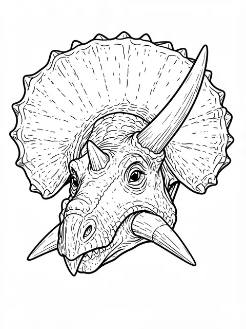 Detailed black and white line art of a triceratops head with a large frill on a plain white background