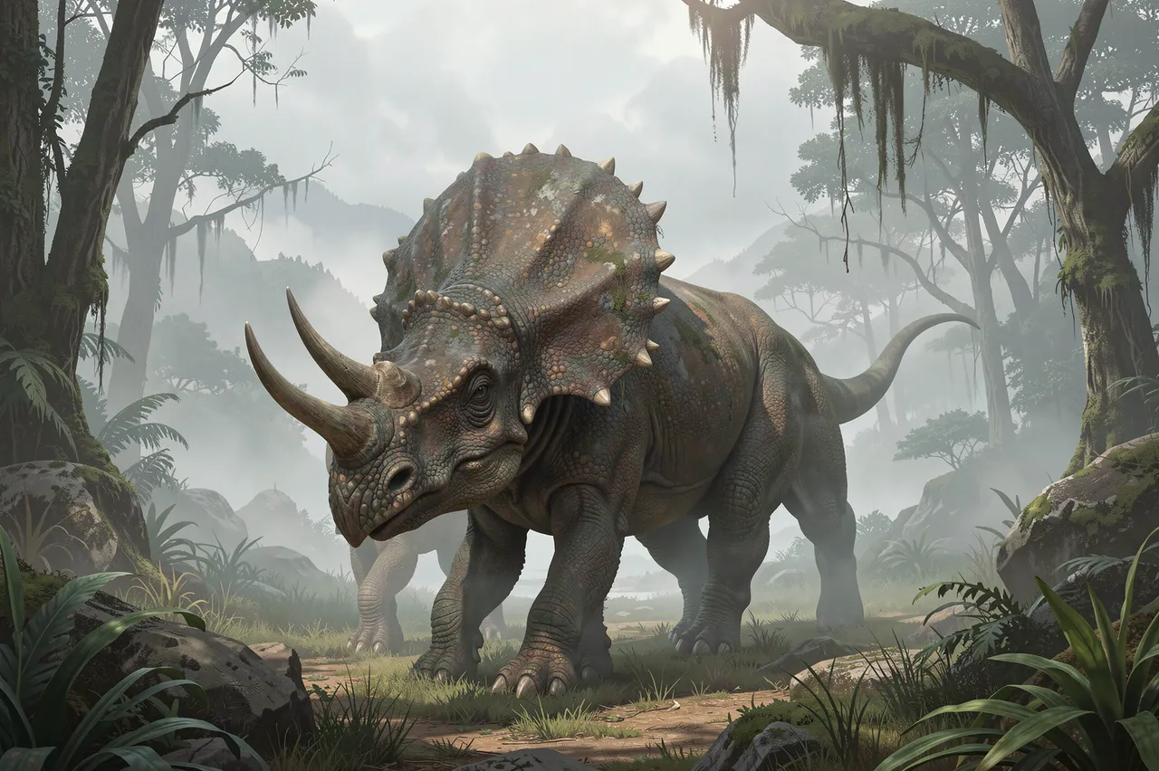 A triceratops stands on a dirt path in a foggy prehistoric forest landscape