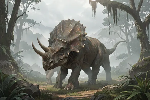 A triceratops stands on a dirt path in a foggy prehistoric forest landscape