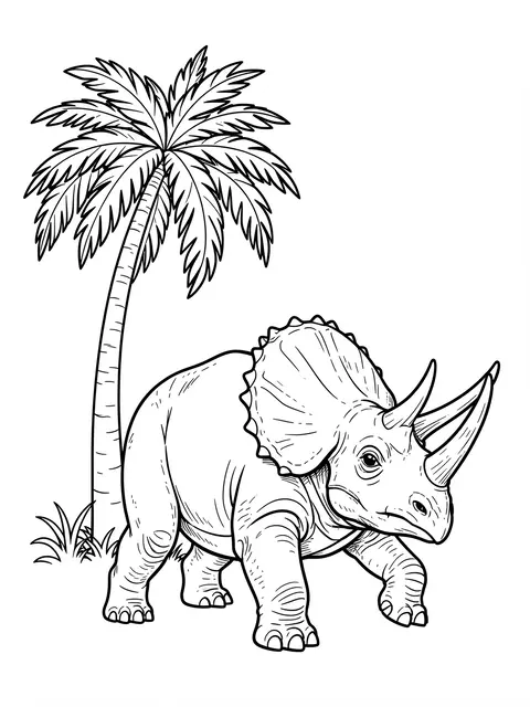 Bold black line art of a triceratops standing next to a palm tree on a plain white background