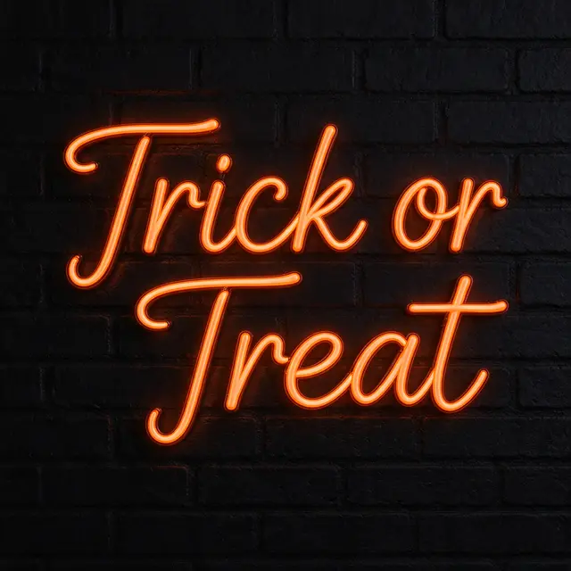 Glowing orange neon script "Trick or Treat" mounted on a dark black brick wall