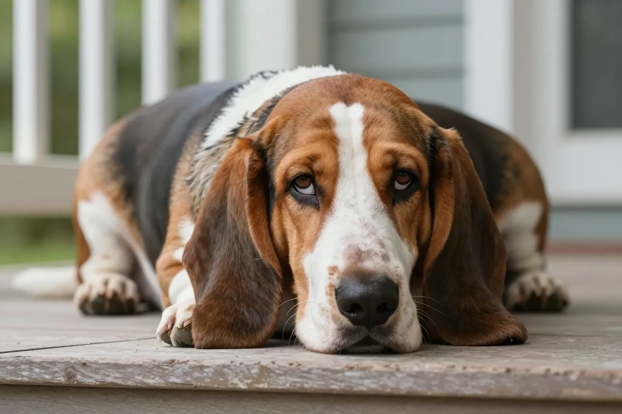 A tricolor basset hound with long droopy ears lies resting on a wooden home porch looking at the camera.