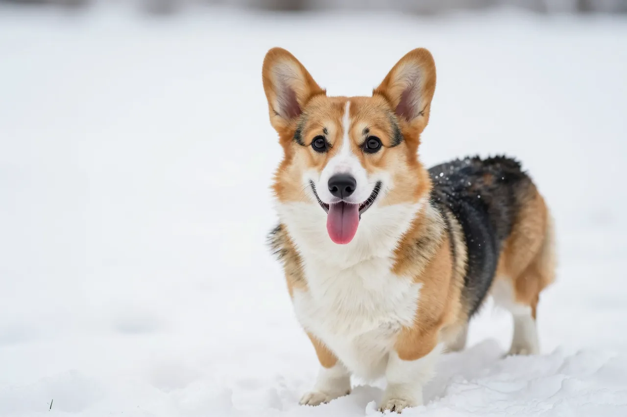 A happy tricolor pembroke corgi stands in fresh snow with its tongue out looking at the camera.