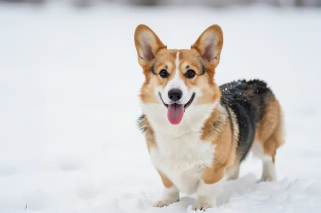 A happy tricolor pembroke corgi stands in fresh snow with its tongue out looking at the camera.