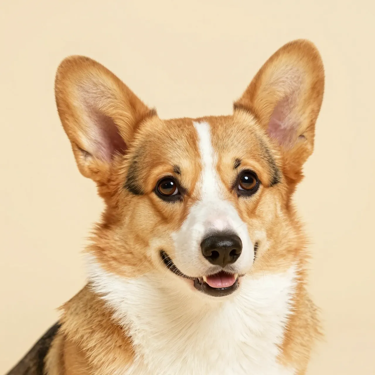 Cheerful tricolor Pembroke Welsh Corgi head portrait against a soft butter yellow backdrop