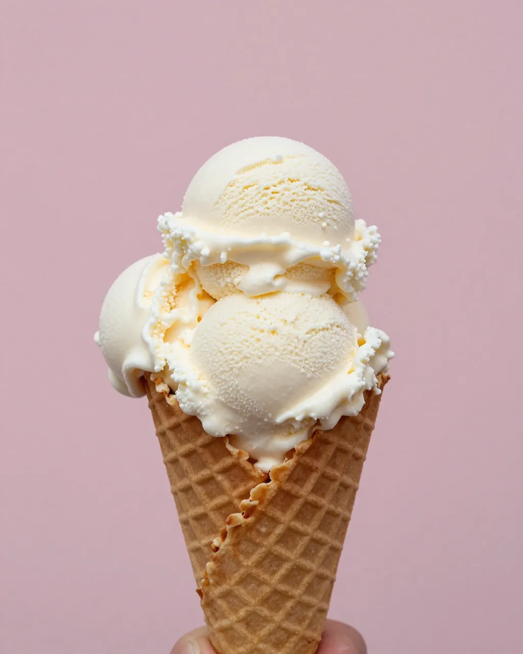 A hand holds a waffle cone stacked with three vanilla ice cream scoops against a solid pastel pink wall
