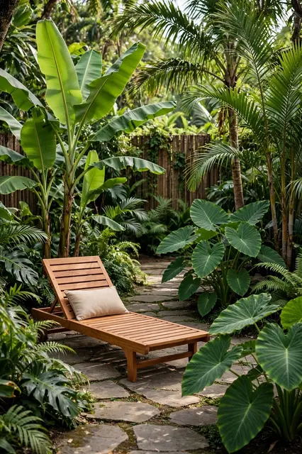 Wooden teak lounger sits on a stone path surrounded by lush tropical garden plants