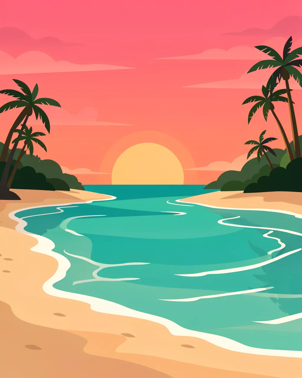 Flat vector illustration of a quiet beach cove at sunset with turquoise water and palm trees