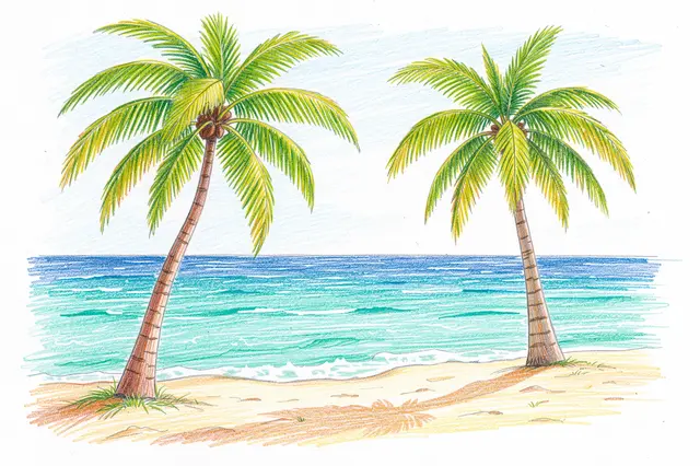 Colored pencil illustration of two coconut palm trees standing on a sandy tropical beach beside turquoise ocean water.
