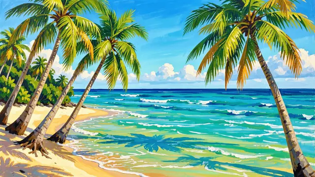 Bright acrylic painting of a sunny tropical beach with leaning palm trees and turquoise ocean shallows