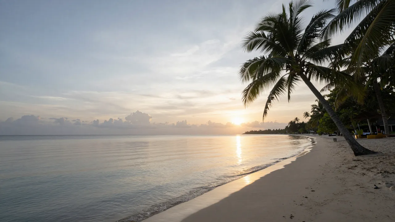 Calm turquoise ocean stretches along a sandy tropical beach lined with palm trees at soft sunrise