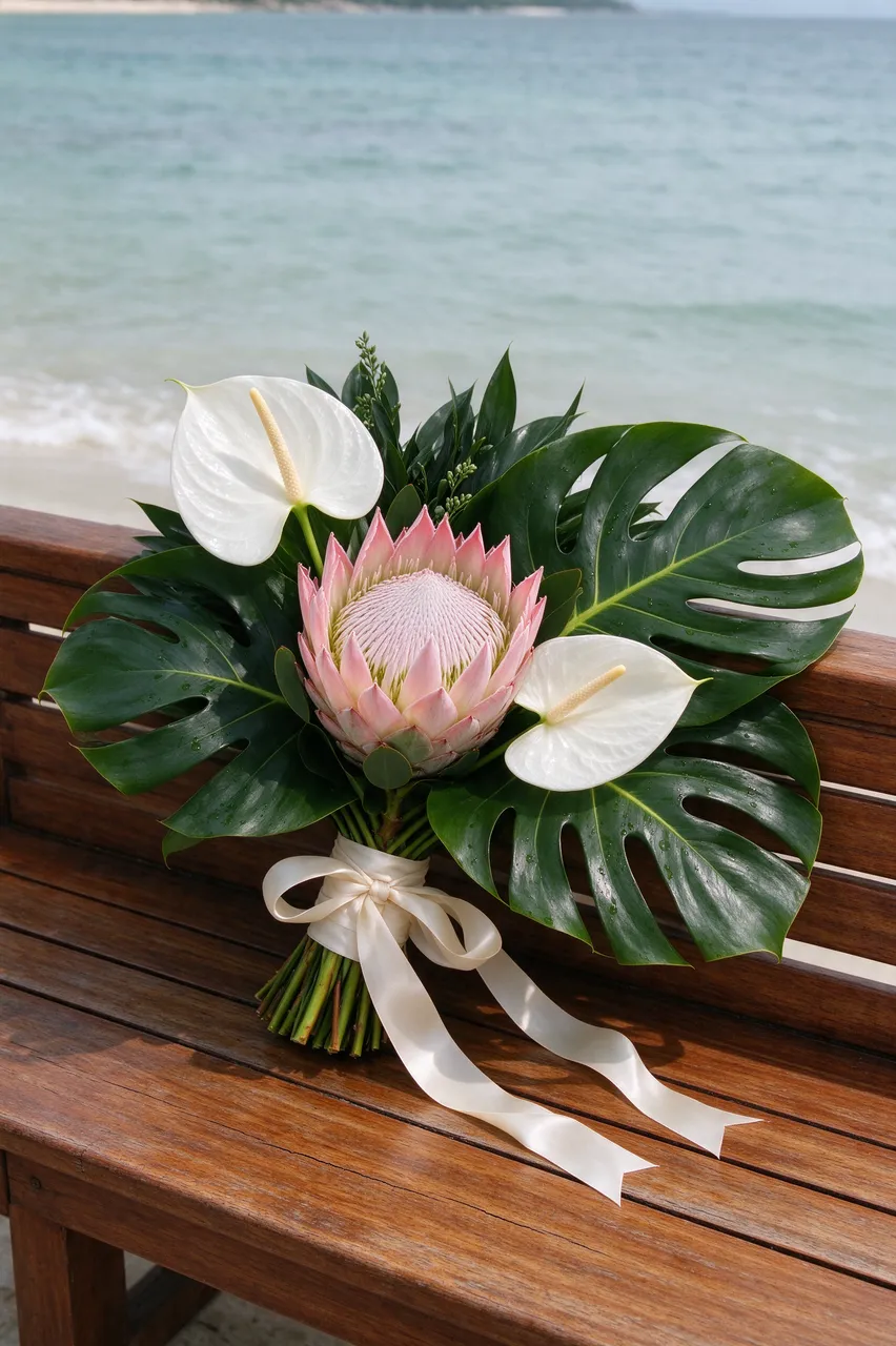 A bridal bouquet with king protea, white anthurium and monstera leaves rests on a teak bench beside the ocean.