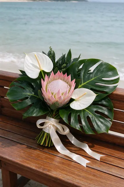 A bridal bouquet with king protea, white anthurium and monstera leaves rests on a teak bench beside the ocean.