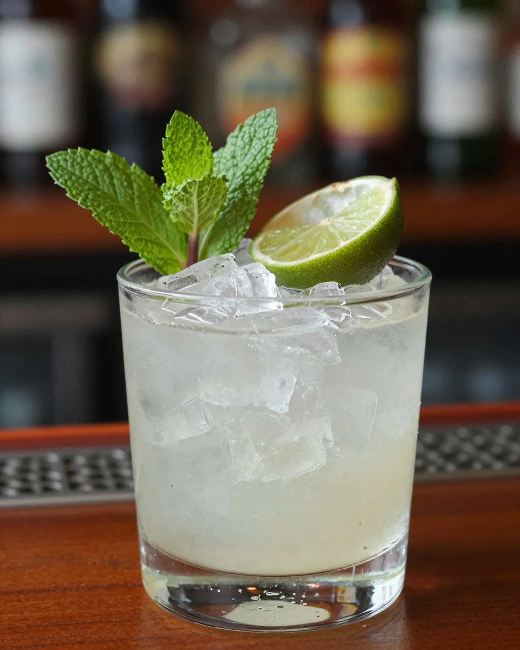 A rocks glass of pale crushed-ice cocktail garnished with mint and lime sits on a wooden bar top