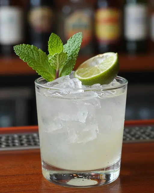 A rocks glass of pale crushed-ice cocktail garnished with mint and lime sits on a wooden bar top