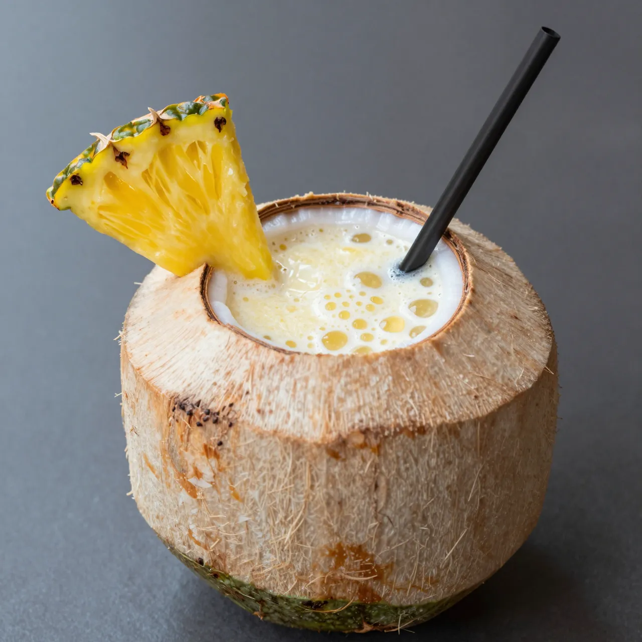 Creamy tropical smoothie served in a hollowed coconut with a pineapple wedge garnish and black straw