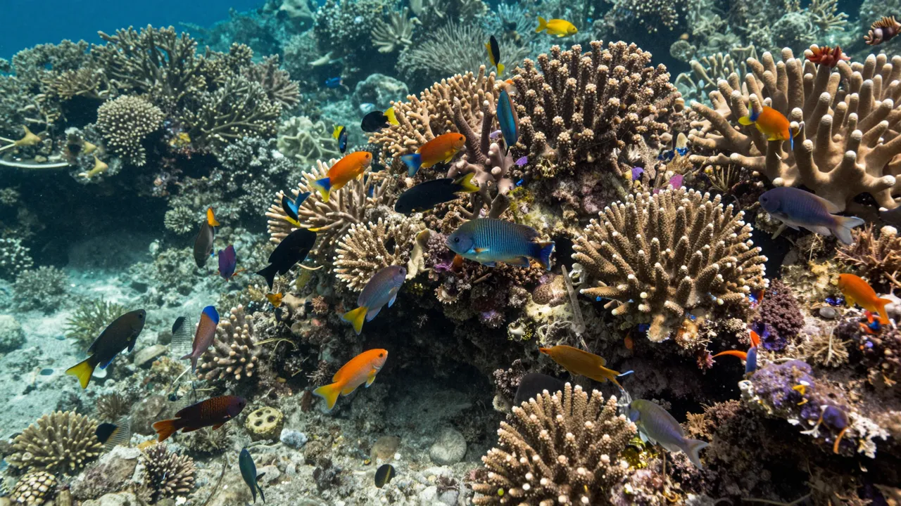 Colorful small fish swim among stony coral formations in clear blue tropical ocean water
