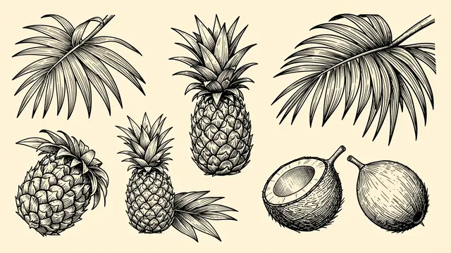 Black ink line art of pineapples, palm leaves and coconuts arranged on a warm cream background