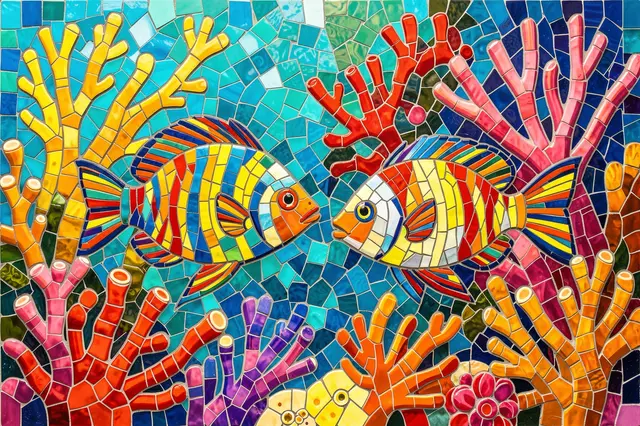 Colorful glass tile mosaic showing two tropical fish facing each other surrounded by bright coral
