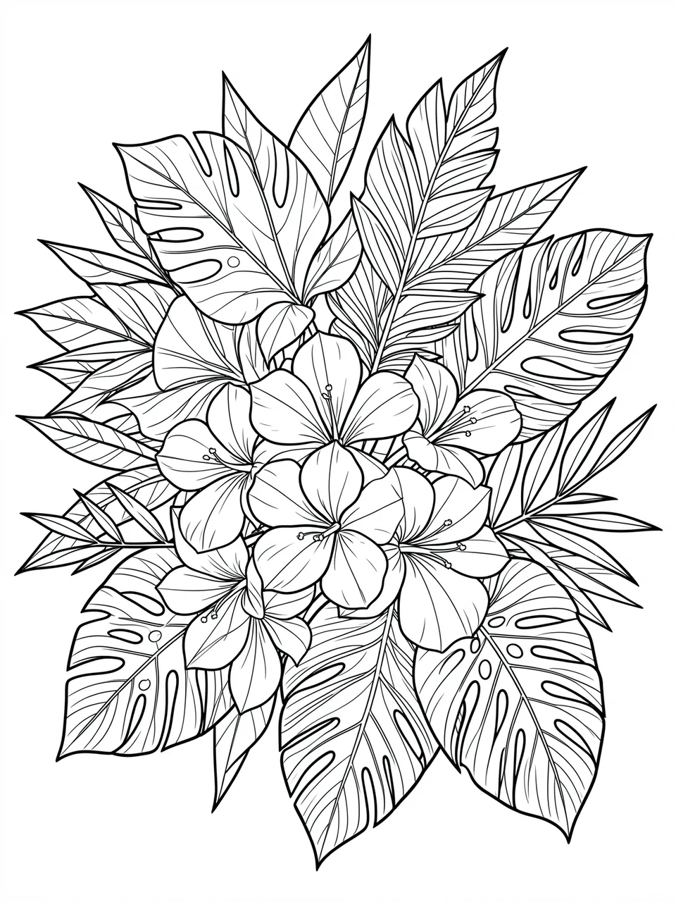 Black and white line art of a dense bouquet of tropical hibiscus blooms and monstera leaves on a white background