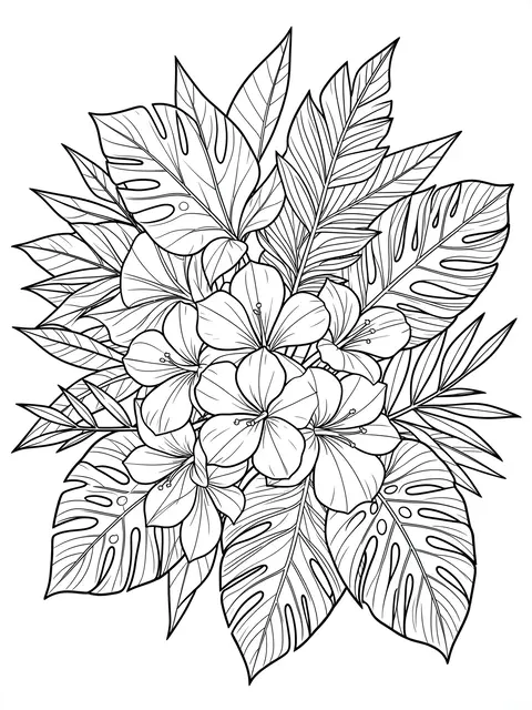 Black and white line art of a dense bouquet of tropical hibiscus blooms and monstera leaves on a white background