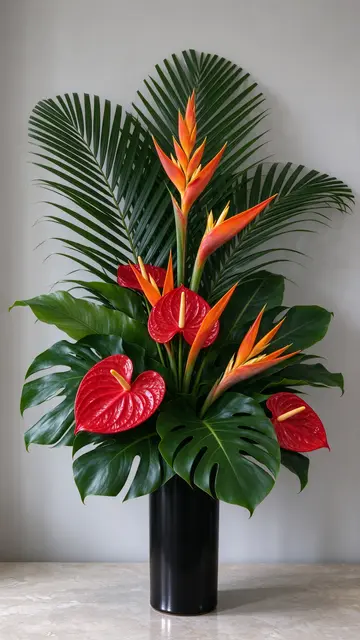 Tropical flower arrangement with red anthuriums, orange heliconia and palm fronds in a tall black vase
