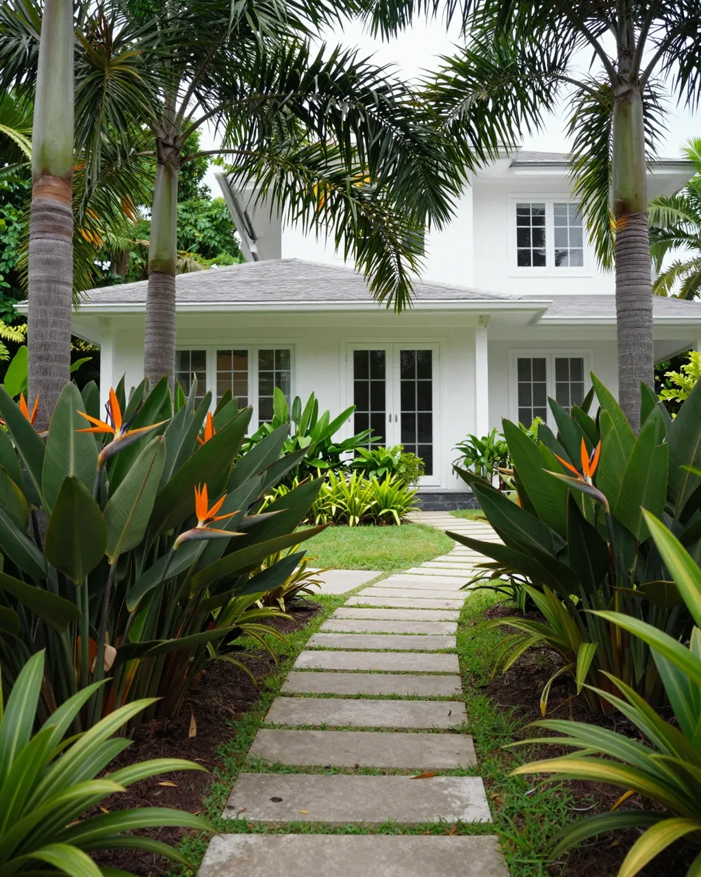 Stepping stone path leads through tropical planting to a white two-story house