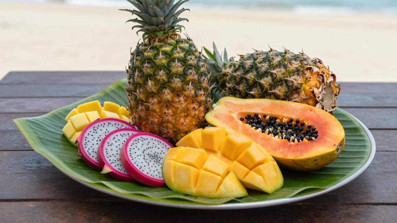 Assorted tropical fruits arranged on a banana leaf platter atop a wooden beach table with a blurred shoreline background