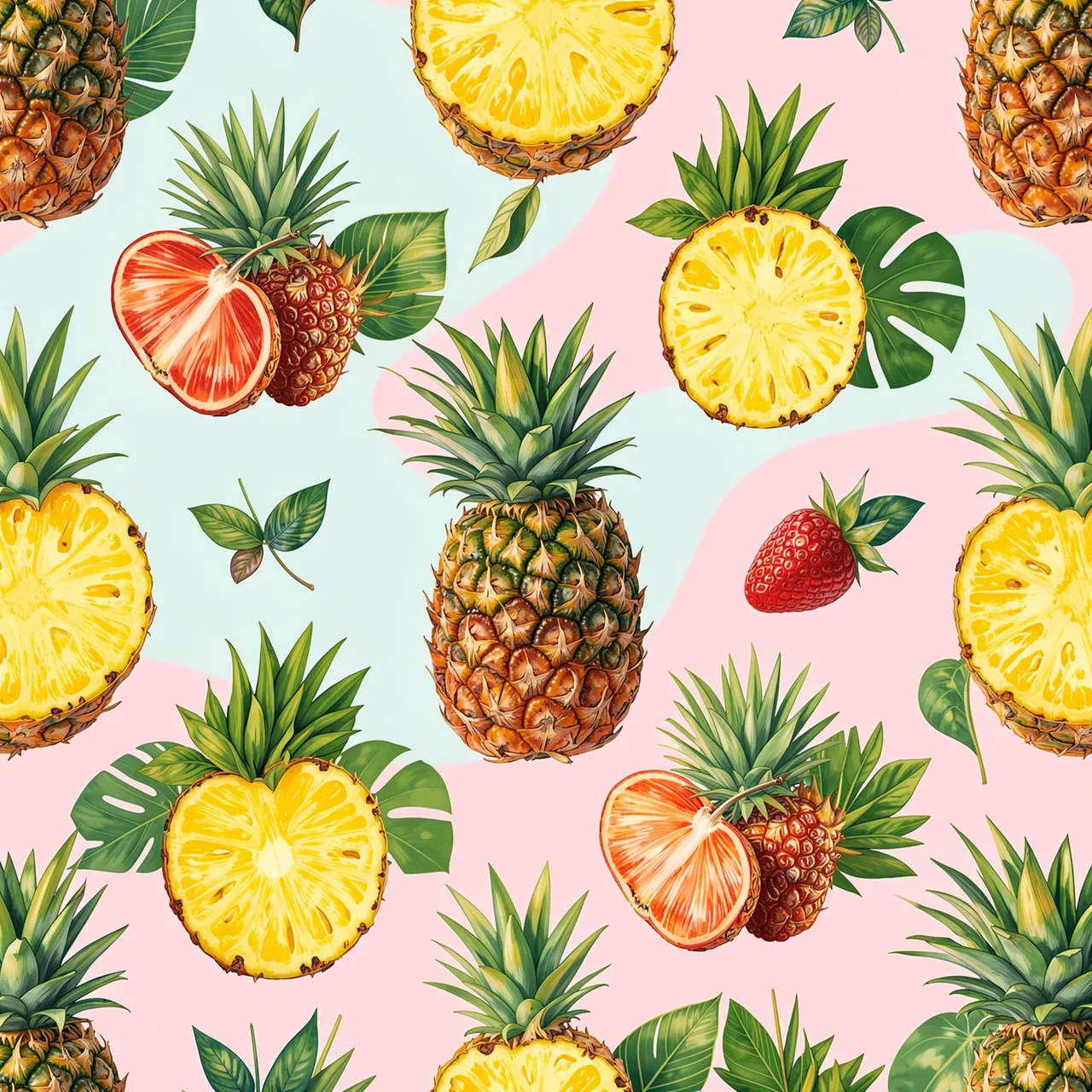 Seamless repeating pattern of pineapples, citrus slices and tropical leaves on a pastel pink and blue background
