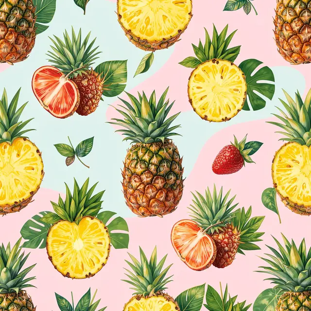 Seamless repeating pattern of pineapples, citrus slices and tropical leaves on a pastel pink and blue background