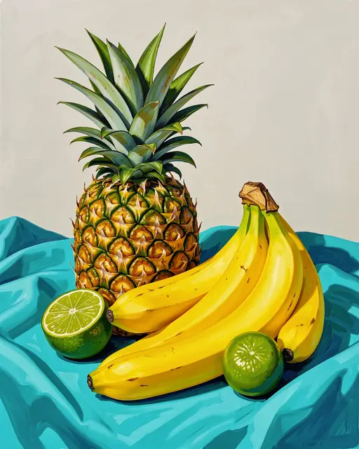Acrylic still life of pineapple, bananas and limes arranged on a folded turquoise cloth