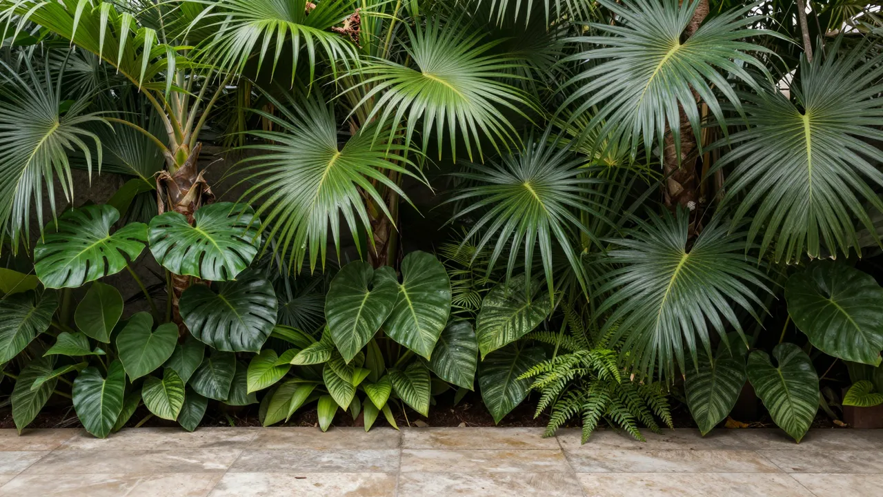 Lush green tropical foliage lines a weathered stone patio surface