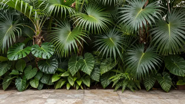 Lush green tropical foliage lines a weathered stone patio surface