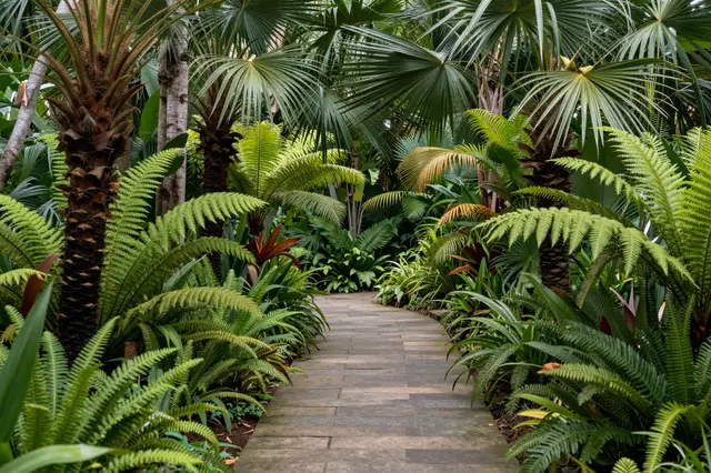 A narrow paved stone path winds through lush tropical palms and feathery ferns