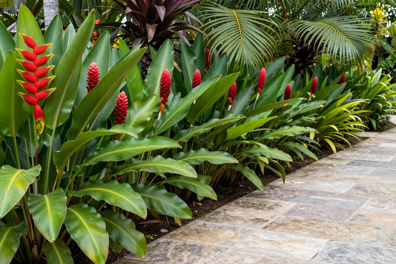 Red heliconia and ginger flowers grow alongside a paved stone garden path with palm foliage in the background