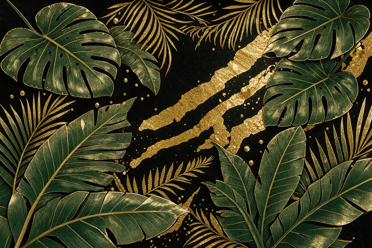 Dark green tropical leaves accented with gold details set against a black background with metallic gold brush strokes