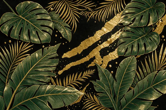 Dark green tropical leaves accented with gold details set against a black background with metallic gold brush strokes