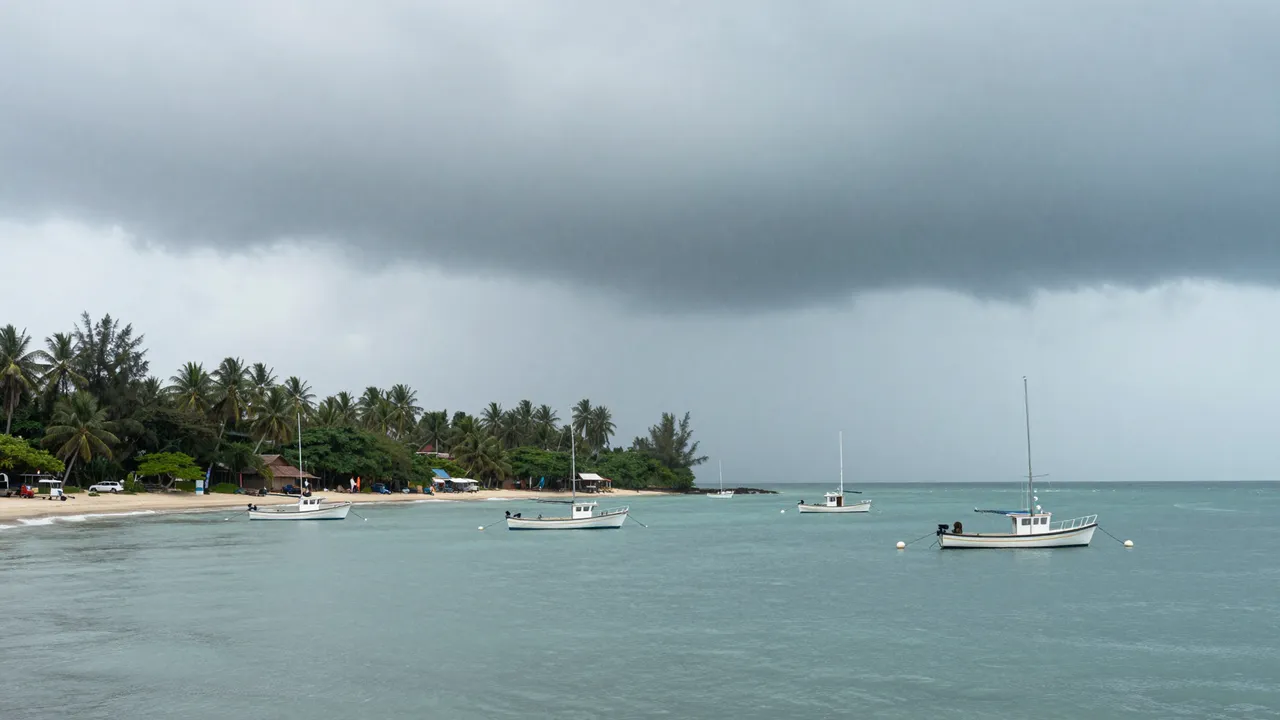Small anchored boats rest on calm turquoise bay water under a heavy gray storm sky beside a palm-lined beach