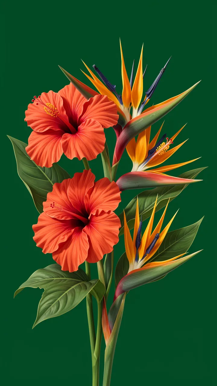 A vertical bouquet of red hibiscus and bird of paradise flowers against a solid deep green background.