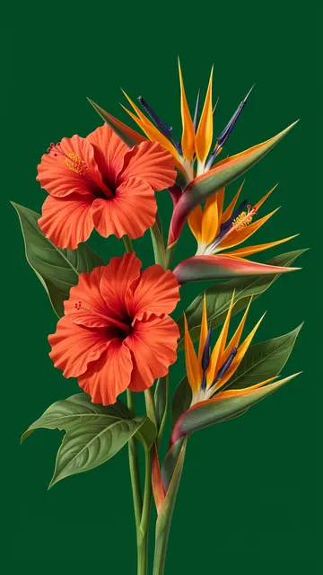 A vertical bouquet of red hibiscus and bird of paradise flowers against a solid deep green background.