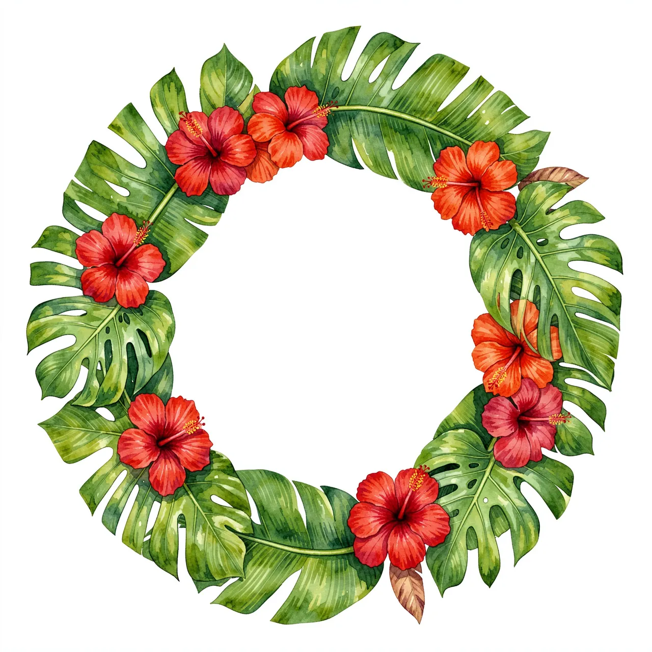 Watercolor circular wreath of monstera leaves and red hibiscus flowers with an empty center on a plain white background