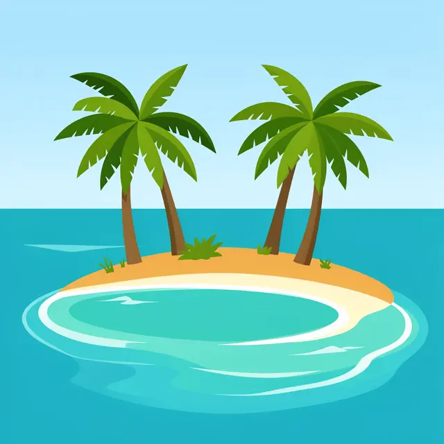Flat vector illustration of a small sandy tropical island surrounded by a turquoise lagoon, with four palm trees and a pale