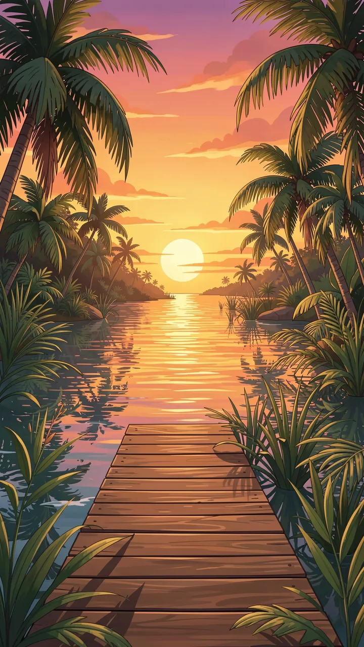 A wooden pier extends over calm tropical lagoon water between palm trees under a warm sunset sky