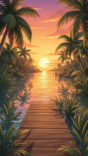 A wooden pier extends over calm tropical lagoon water between palm trees under a warm sunset sky