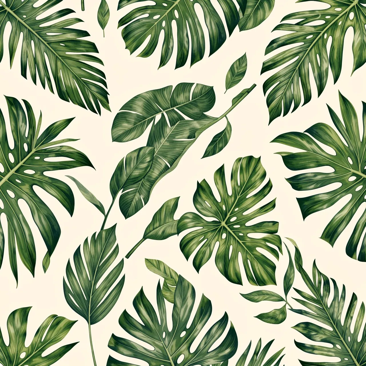 Seamless repeating pattern of illustrated green tropical leaves on a soft cream background