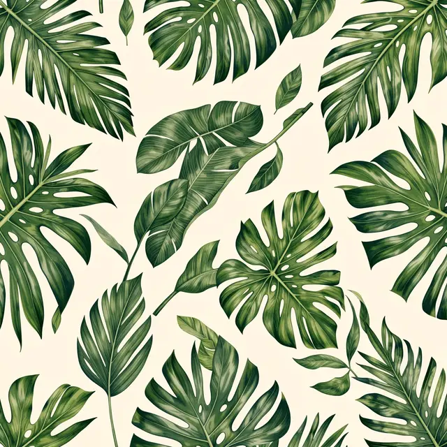 Seamless repeating pattern of illustrated green tropical leaves on a soft cream background