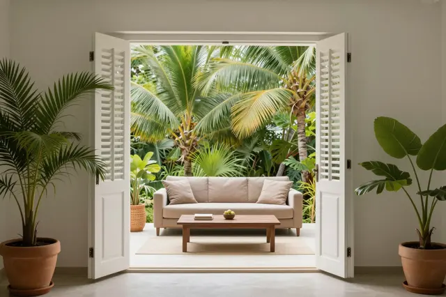 Light neutral tropical living room with potted palms, open louvered doors looking out to lush green foliage