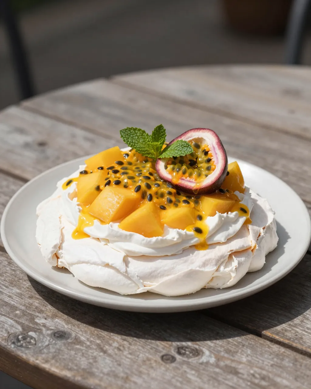 A pavlova dessert topped with mango, passion fruit and mint sits on a plate on a sunlit wooden outdoor table.