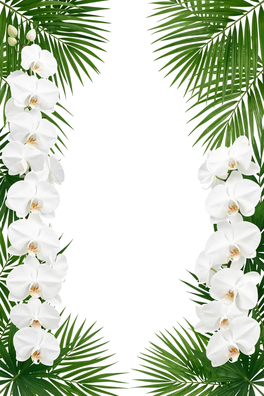 Vertical decorative border of green palm leaves and white orchids along both sides of an empty white center