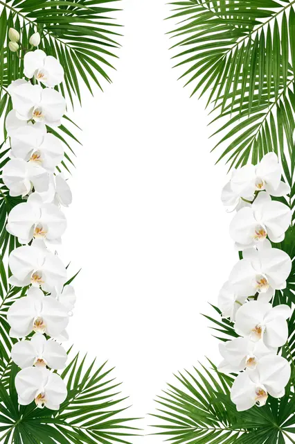 Vertical decorative border of green palm leaves and white orchids along both sides of an empty white center